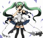  1girl 7th_dragon 7th_dragon_2020 green_eyes green_hair hatsune_miku long_hair outstretched_arm solo thigh-highs thighhighs twintails very_long_hair vocaloid 