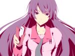  bakemonogatari koumei_(artist) looking_at_viewer monogatari_(series) pen purple_eyes purple_hair ruler senjougahara_hitagi simple_background solo stapler violet_eyes 