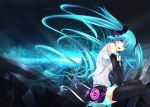  aqua_eyes aqua_hair ayatudura belt elbow_gloves gloves hatsune_miku hatsune_miku_(append) highres long_hair miku_append navel necktie open_mouth solo thigh-highs thighhighs twintails very_long_hair vocaloid vocaloid_append zettai_ryouiki 