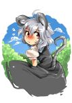  1girl animal_ears blush dress embarrassed face flying_sweatdrops from_behind grey_dress grey_hair harusame_(unmei_no_ikasumi) looking_back mouse_ears mouse_tail nazrin red_eyes short_hair short_sleeves sky solo tail touhou tree 