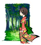  brown_hair character_request forest haiiro imageboard_colors japanese_clothes kimono looking_back mushishi nature outside_of_border renzu_(mushishi) seigaiha short_hair solo sunbeam sunlight white_background 