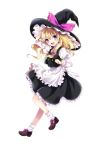 apron bad_id blonde_hair blue_eyes bow buttons dress full_body hair_bow hair_ribbon hand_on_hat hat hat_ribbon kirisame_marisa kona_(canaria) long_hair open_mouth ribbon shoes skirt skirt_set smile socks solo touhou witch witch_hat 