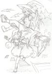  aouma bow broom detached_sleeves hair_bow hakurei_reimu hat highres kirisame_marisa miko monochrome multiple_girls sketch star touhou traditional_media witch witch_hat yin_yang 