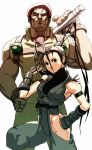  1girl age_difference antenna_hair bare_shoulders beret black_eyes black_hair elbow_gloves explosive final_fight fingerless_gloves gloves grenade hand_on_hip hat height_difference hips ibuki kote long_hair military muscle ninja no_pupils oetaro oetarou ponytail rolento scar size_difference stick street_fighter street_fighter_iii street_fighter_x_tekken street_fighter_zero white_background white_eyes 