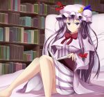  1girl book breasts capelet crescent dress hat long_hair patchouli_knowledge pillow purple_eyes purple_hair ribbon sitting smile solo touhou violet_eyes 