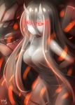  1girl arm_behind_back azalanz battleship-symbiotic_hime black_hair breasts cleavage horns kantai_collection large_breasts long_hair pale_skin red_eyes shinkaisei-kan solo sparks 
