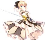  ahoge armor armored_dress bare_shoulders blonde_hair bow caliburn detached_sleeves dress excalibur fate/stay_night fate/unlimited_codes fate_(series) gauntlets hair_bow hatori_piyoko ponytail saber saber_lily solo sword weapon 