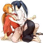  1girl arm_support ass barefoot black_hair blue_eyes couple eye_contact feet female hair_over_one_eye hakama himura_kenshin japanese_clothes kamiya_kaoru katana kimono kneeling konbutamago long_hair looking_at_another male one_knee orange_hair ponytail purple_eyes rurouni_kenshin scar sheath sweatdrop sword weapon yumi_(konbutamago) 