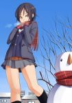  black_hair black_legwear buttons carrot covering covering_face covering_mouth kneehighs looking_away mittens original pinkwaters pleated_skirt scarf school_uniform short_hair skirt snow snowman solo steam stick tree yellow_eyes 