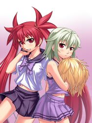  alternate_costume arcana_heart arcana_heart_3 bag bowtie cheerleader green_hair long_hair lowres misao_(kami_no_misoshiru) multiple_girls navel pom_poms red_eyes red_hair redhead scharlachrot school_bag school_uniform serafuku short_hair skirt twintails weiss 