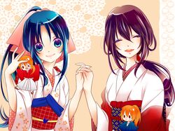  32_(mitutaruto) aoi_mitsu black_hair blue_eyes blue_hair bow chibi doll dual_persona eyes_closed female hand_holding himura_kenshin holding_hands japanese_clothes kamiya_kaoru kimono long_hair male multiple_girls open_mouth orange_hair pink_ribbon ponytail ribbon rurouni_kenshin scar smile yukishiro_tomoe 