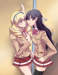  blush hair_ribbon hairband kakumeiki_valvrave ninomiya_takahi nui_(chiyoko0629) pocky pocky_kiss ribbon rukino_saki school_uniform shared_food strawberry_pocky thighhighs yuri zettai_ryouiki 