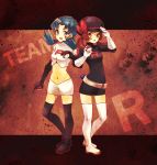  blue_hair brown_hair clothes_writing colored cosplay crystal_(pokemon) great_ball hat hat_ribbon holding holding_poke_ball kotone_(pokemon) mati_(mksa) multiple_girls poke_ball pokemon pokemon_(game) pokemon_crystal pokemon_gsc pokemon_heartgold_and_soulsilver pokemon_hgss red_ribbon ribbon single_letter team_rocket team_rocket_(cosplay) 