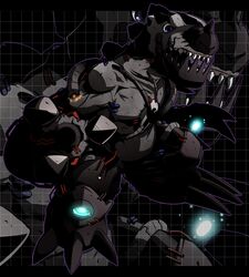  armor blue_eyes cable claws cyborg digimon fangs glowing grey_skin horn metaltyrannomon monster nijiirosekai no_humans solo spikes zoom_layer 