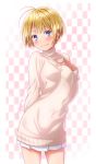  1girl antenna_hair blonde_hair blue_eyes blush checkered checkered_background cowboy_shot eyebrows_visible_through_hair hand_on_own_chest highres original puma_(hyuma1219) short_hair skirt smile solo standing sweater turtleneck turtleneck_sweater twitter_username 