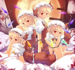  barefoot bed blonde_hair blood clone expressionless flandre_scarlet four_of_a_kind_(touhou) hat ichio multiple_girls pillow red_eyes short_hair touhou wings 