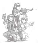  amami_haruka aouma character_request graphite_(medium) gun hagiwara_yukiho heart highres idolmaster kisaragi_chihaya long_hair monochrome multiple_girls shovel traditional_media weapon worktool 