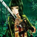  apt bangs black_gloves blunt_bangs bust buttons chain chains flower gem gloves gold green green_eyes green_hair holding jacket jewelry lips long_hair long_sleeves looking_at_viewer military military_uniform original rose saber_(weapon) sleeves_folded_up solo sword tassel uniform ut_(apt) weapon yellow_rose 