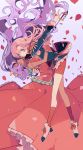  bad_id closed_eyes dark_skin dress epaulettes eyes_closed footwear frills highres himemiya_anthy jewelry kneehighs long_hair multiple_girls petals pikaro pink_hair purple_eyes purple_hair ring rose_petals shoujo_kakumei_utena socks sword tenjou_utena violet_eyes weapon 