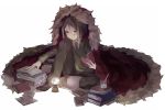 beaker black_eyes black_hair black_legwear book book_stack cape fate/stay_night fate/zero fate_(series) footwear highres knee_to_face lamp male necktie open_book pants paper short_hair simple_background sitting socks solo soto studying sweater waver_velvet white_background 