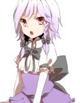  alternate_costume angry braid elbow_gloves gloves izayoi_sakuya lavender_hair long_hair open_mouth red_eyes silver_hair simple_background solo sweatdrop the_embodiment_of_scarlet_devil tori_no_karaage touhou tsurime twin_braids 