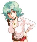  :p alternate_costume artist_request bangle belt bracelet breasts charin cleavage dress_shirt face flower green_hair hands_on_hips jewelry kazami_yuuka leaf looking_at_viewer necklace red_eyes rose shirt short_hair short_shorts shorts simple_background solo tongue tongue_out touhou white_background youkai 