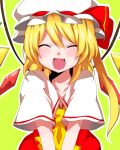  :d ^_^ ascot blonde_hair bow closed_eyes fang flandre_scarlet hat hat_bow highres looking_at_viewer open_mouth short_hair side_ponytail smile solo the_embodiment_of_scarlet_devil tori_no_karaage touhou v_arms wings 