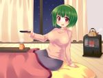  breasts cup green_hair hairband idolmaster kotatsu mole otonashi_kotori pillow red_eyes remote snow solo table teapot turtleneck yukari_yukke 