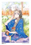  bed blanket blue_eyes braid brown_hair headphones highres japanese_clothes kimono original scan side_braid single_braid solo toi8 
