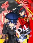  :o amagi_yukiko black_hair blue_eyes blue_hair cabbie_hat card cover cover_page doujin_cover fan hairband hand_on_hat hand_to_hat hat highres holding holding_card long_hair looking_at_viewer multiple_girls open_mouth paper_fan persona persona_4 reverse_trap school_uniform shirogane_naoto short_hair skirt yato 