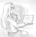  aouma computer eating highres kusugawa_sasara laptop long_hair looking_back monochrome sitting sketch solo to_heart_2 