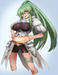  bike_shorts breasts brown_eyes cropped_legs green_hair hands_on_hips highres large_breasts long_hair midriff navel open_mouth original ponytail solo taishi_(artist) thigh_strap unknown_character_1_(sachito) 