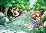  bare_shoulders barefoot belt blonde_hair blue_eyes bow broom broom_riding brown_hair bubble closed_eyes detached_sleeves dress eyes_closed fang feet_in_water footwear forest from_behind gourd grass hair_bow hair_ribbon hair_tie hair_tubes hakurei_reimu hat hat_ribbon holding horn_ribbon horns ibuki_suika kirisame_marisa long_hair looking makuwauri miko multiple_girls nature open_mouth orange_hair plant ribbon river riverbank rock shoes skirt sky sleeveless sleeveless_shirt smile soaking_feet socks touhou tree water white_legwear witch witch_hat wrist_cuffs 