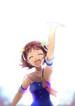  ^_^ amami_haruka arm_garter arm_up armpits bare_shoulders brown_hair bust closed_eyes eyes_closed face hair_ornament hair_ribbon happy happy_tears highres idolmaster open_mouth outstretched_hand pochi_(pochi-goya) ribbon short_hair simple_background sleeveless smile solo star tears 