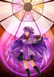  adapted_costume book capelet crescent dress elbow_gloves floating_book frills gloves hat highres long_hair magic_circle naxia patchouli_knowledge purple_eyes purple_hair solo stained_glass touhou very_long_hair violet_eyes window 