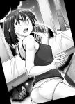  aya_shachou camisole cellphone glowing glowing_eyes looking_back monochrome open_mouth outstretched_hand panties phone short_hair solo sweatdrop touhou underwear underwear_only usami_renko 
