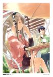  1girl absurdres brown_hair closed_eyes coffee_mug eretto eyes_closed headphones highres listening_to_music long_hair original parasol payot polo_shirt scan skirt sony twintails umbrella 