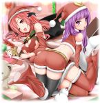  2girls all_fours ass bent_over boots breasts christmas cleavage crescent eyebrows_behind_hair hat head_wings high_heels koakuma long_hair looking_back lying midriff miki_purasu multiple_girls on_side one_eye_closed patchouli_knowledge purple_hair red_hair redhead santa_costume santa_hat shoes short_shorts shorts the_embodiment_of_scarlet_devil thigh-highs thigh_boots thighhighs touhou wink 