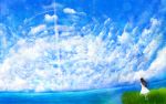  black_hair bou_nin cloud dress dutch_angle from_behind geyser grass long_hair ocean original scenery sky solo water 