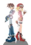  1girl arm_cannon armor back-to-back bike_shorts blonde_hair brown_eyes brown_hair full_armor gloves green_eyes hat light payot rock_volnutt rockman rockman_dash roll_caskett shadow shorts smile waving weapon wrench 