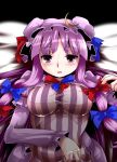  breasts crescent dress hat lili_(artist) lilish long_hair looking_at_viewer patchouli_knowledge purple_eyes purple_hair skin_tight solo sweat touhou violet_eyes 
