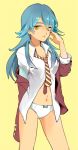  blue_hair bottomless chuong genderswap inazuma_eleven inazuma_eleven_(series) inazuma_eleven_go jacket kariya_masaki long_hair navel necktie panties shirt simple_background solo underwear yellow_background yellow_eyes 