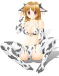  animal_ears bikini brown_hair copyright_request cow_ears cow_print highres horns long_hair nashigami_tsubute red_eyes simple_background solo spread_legs swimsuit thigh-highs thighhighs 
