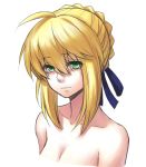  ahoge bangs blonde_hair braid breasts bust cleavage collarbone expressionless face fate/stay_night fate_(series) green_eyes hair_bun hair_ribbon highres kenneth_(qq) looking_at_viewer nude portrait ribbon saber short_hair solo 