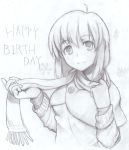  aouma hagiwara_yukiho happy_birthday highres idolmaster monochrome scarf smile solo traditional_media 