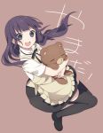  apron bangs black_legwear blunt_bangs daisy_(working!!) dress_shirt long_hair looking_at_viewer neck_ribbon object_hug open_mouth purple_eyes purple_hair ribbon shirt short_sleeves simple_background skirt smile solo stuffed_animal stuffed_toy teddy_bear thigh-highs thighhighs violet_eyes waitress working!! yamada_aoi yamiko yamiya zettai_ryouiki 