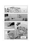  building comic hat highres mansion monochrome nagare_kei remilia_scarlet sitting table touhou translation_request 