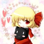  :3 blonde_hair blush_stickers capelet christmas cocozasa fang hair_ribbon heart highres open_mouth red_eyes ribbon rumia santa_costume short_hair smile snowflakes solo stuffed_cat the_embodiment_of_scarlet_devil touhou wink youkai 