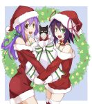  alternate_costume brown_eyes cat christmas green_eyes hat highres lavender_hair long_hair merry_nightmare multiple_girls purple_hair santa_costume santa_hat short_hair tachibana_isana ushiki_yoshitaka yumekui_merry 