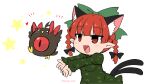  1girl :3 accessories_switch animal_ear_fluff animal_ears bangs black_bow blush bow braid cat_ears cat_tail chibi commentary_request dress extra_ears fang green_bow green_dress hair_bow highres juliet_sleeves kaenbyou_rin long_sleeves medium_hair multiple_tails noai_nioshi open_mouth outstretched_arms pointy_ears puffy_sleeves red_bow red_eyes redhead reiuji_utsuho reiuji_utsuho_(bird) tail touhou twin_braids twintails twitter_username two_tails upper_body 